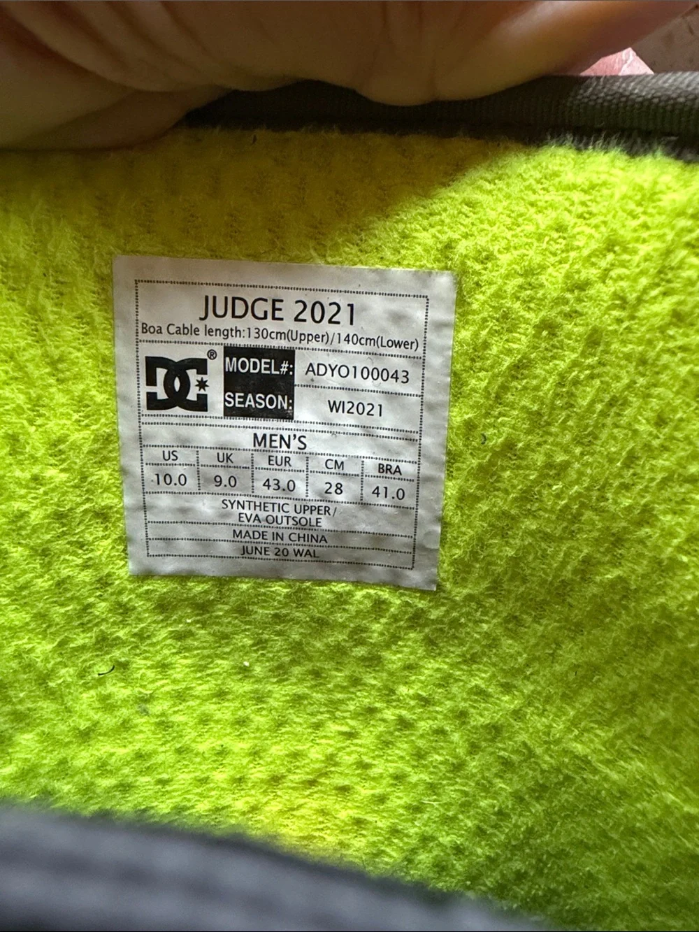 DC Men's Olive Green and Black Snowboard Boots with Yellow Accents